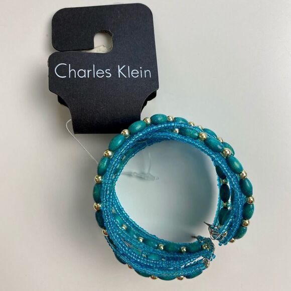 NWT Turquoise Blue Beaded Charles Klein Cuff Bracelet with Gold Bead Accents - Picture 3 of 7
